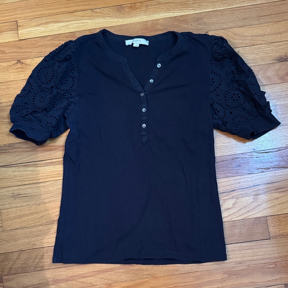 LOFT Navy Blue Eyelet Puff Sleeve Blouse